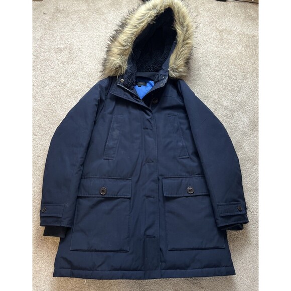 J.Crew Nordic Down Parka Women Small Navy Sherpa Hood Faux Fur Trim Preppy Heavy - Picture 1 of 11
